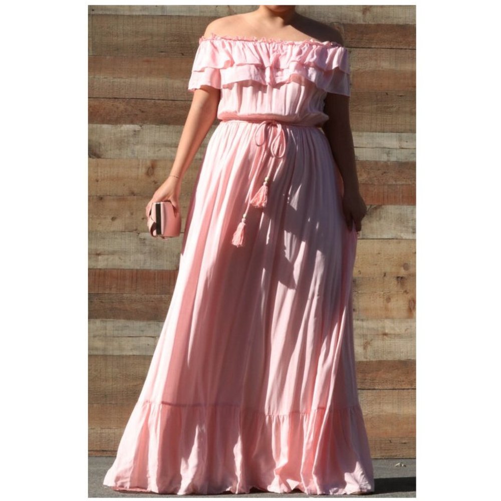 SOLD OUT Plus Size Pink Boho Off Shoulder Ruffle Maxi Dress - Picture 1 of 4